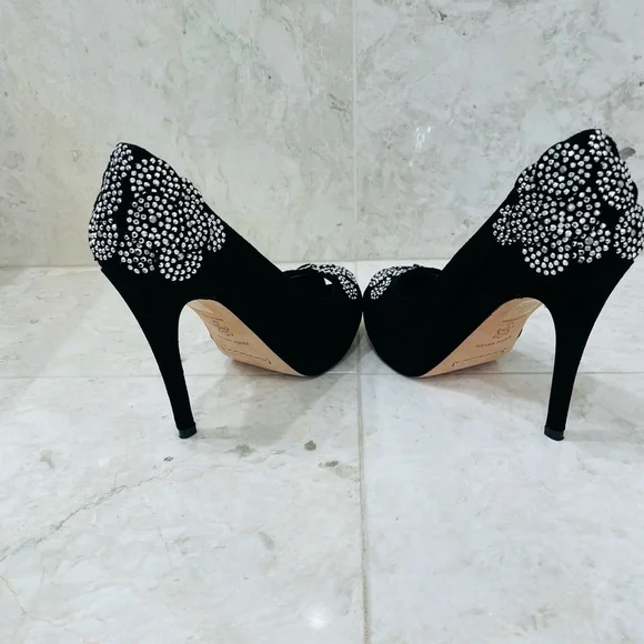 KAREN MILLEN {6} Black Silver Beaded Pumps Peep Toe Stiletto - Picture 9 of 16